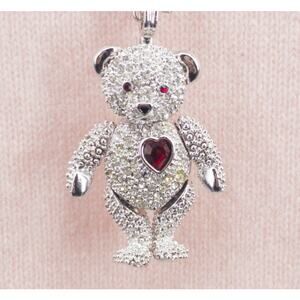 PJM Teddy Bear Pavé Rhinestone Necklace Convertible Pin Silver Tone
